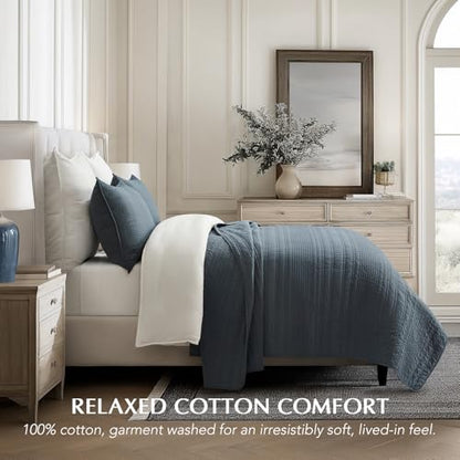 EVERGRACEHOME 100% Cotton Modern Lines Quilt Set Queen Size, Midnight Blue | Pre-Washed Soft Cotton, Striped Coverlet Bedspread, 3 Piece Lightweight Bedding Set for All Season, with 2 Pillow Shams - color: Midnight Blue, size: Full/Queen (92" X 92")