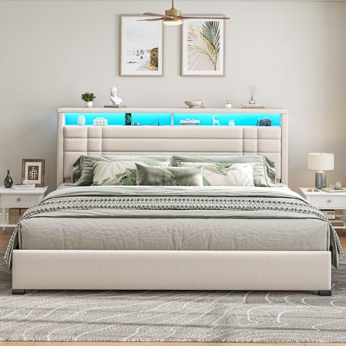 EnHomee King Upholstered Bed Frame with Charge Station & LED Lights, Beige | 2-Tier Shelves Headboard, 12" Under-Bed Storage Space, Noise-Free, No Box Spring Needed, Easy Assembly - color: Beige, size: King (U.S. Standard)