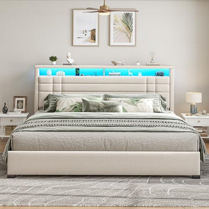 EnHomee King Upholstered Bed Frame with Charge Station & LED Lights, Beige | 2-Tier Shelves Headboard, 12" Under-Bed Storage Space, Noise-Free, No Box Spring Needed, Easy Assembly - color: Beige, size: King (U.S. Standard)