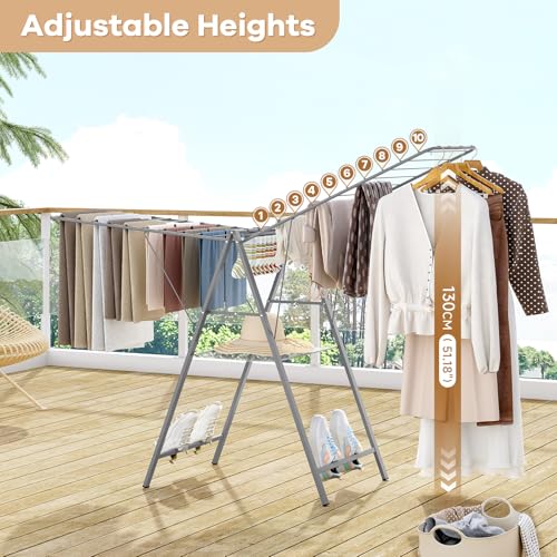 6 Height Adjustable Clothes Drying Rack with Shoe Slots, Grey | Pre-Assembled, Stable Load Structure, 22 Drying Rails, Foldable Space-Saving For Efficient Indoor & Outdoor Airflow Drying - color: Gray