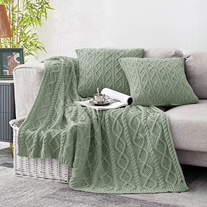 Homiest Sage Green Cable Knit Throw Blanket Set of 3, with 2 Pillow Covers | Pure Acrylic, Lightweight & Breathable, All-Season Use, Machine Washable, Wrinkle & Fade Resistant, for Couch Bed And Sofa - color: Sage Green, size: 50 x 60 Inch Blanket & 18 x