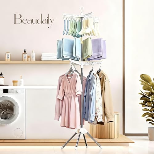 Beaudaily Clothes Drying Rack, Foldable 79.5-Inch Laundry Drying Rack,3 Tie, with Rotatable Arms, Stainless Steel, Holds 27 Clothes,8 Towels and 24 Clips for Hanging Socks, White and Silver - color: White + Silver, size: 3-Tier