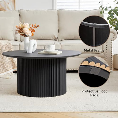 31.5" Round Coffee Table, Modern Fluted Accent Center Table with Metal Frame, Wooden Circle Coffee Tables for Living Room Small Space or Office (Black) - color: Black 31.5" Round