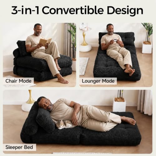 Small Couch Bed Floor Sofa, Foam Chair Bed, Frameless Sofa Sleeper | 3-in-1 Convertible Design, Frameless Sofa, Compressed Packaging, No Assembly Needed, 24/7 Customer Support - color: Black