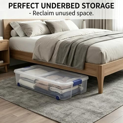 66 Quart Underbed Storage with Wheels, Plastic Under Bed Storage Bin with Latching Lid, Low Profile Rolling Organizer for Clothes, Shoes and Blankets, Clear, 1-Pack