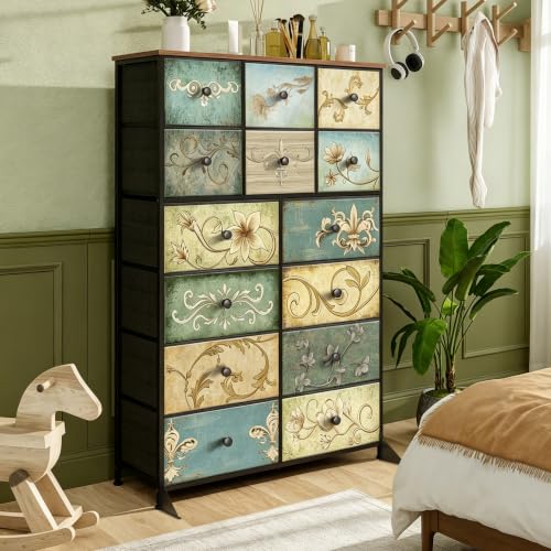 Dresser with Drawers for Bedroom Chest of Drawers Fabric Dresser for Closet,Nursery Entryway Hall Tree TV Stand for Living Room Retro Floral Pattern Drawers Wooden Top (14 Drawers) - size: 11.8"D x 39"W x 57"H (14 Drawers)