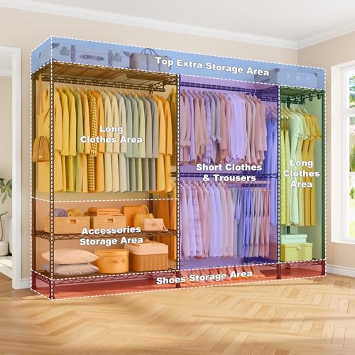 E17 Heavy-Duty Clothes Rack with 2 Expandable Hanging Rods, Black | (78-102.7)”W x 15.7”D x 76.6”H Adjustable Clothing Racks with Shelves, Metal Closet Wardrobe System for Hanging Clothes - color: Black