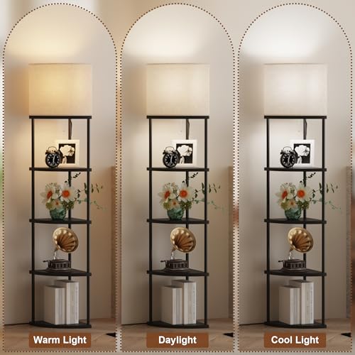 Qupui Floor Lamp with Shelves, 61.5" 5-Tier, 3-Color LED, Black | Fabric Shade With Soft Cozy Light. 3 Color Temperatures 12W LED. 5 Tiers, 22 Lbs Each. Durable Composite Panels, Metal Frame - color: 5-Tier Black