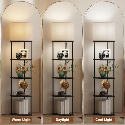 Qupui Floor Lamp with Shelves, 61.5" 5-Tier, 3-Color LED, Black | Fabric Shade With Soft Cozy Light. 3 Color Temperatures 12W LED. 5 Tiers, 22 Lbs Each. Durable Composite Panels, Metal Frame - color: 5-Tier Black