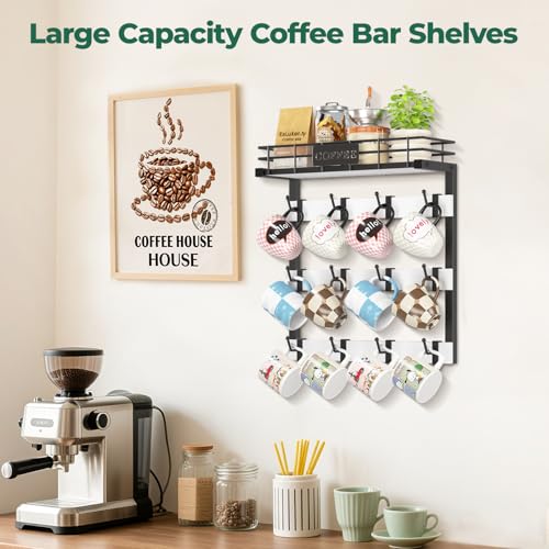 EsLuker.ly Coffee Mug Holder Cup Hanger Wall Mounted Display Rack | Metal Organizer with 12 Movable Plastic Hooks, Wood Rustic Shelf for Coffee Bar Home Kitchen, Thoughtful Wall Storage, White - style: 12 Movable Hooks White Style