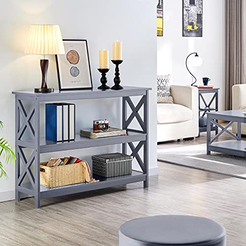 Yaheetech 42"L Console Table 3-Tier Narrow X-Frame Open Storage Shelf, Gray | Sofa Table for Entryway, Hallway and Living Room, Slim 14" Depth, Powder-Coated MDF, 88 lb Top Load, Easy Assembly - color: Grey
