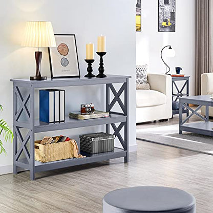 Yaheetech 42"L Console Table 3-Tier Narrow X-Frame Open Storage Shelf, Gray | Sofa Table for Entryway, Hallway and Living Room, Slim 14" Depth, Powder-Coated MDF, 88 lb Top Load, Easy Assembly - color: Grey