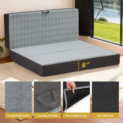 Tri Folding Mattress Full Size - 6 Inch Dual-Layer Memory Foam Foldable Mattress Portable Futon Sofa Bed with Removable Washable Cover, Handle & Non-Slip Bottom for Guest, Camping, RV, Yoga, Home Use - size: Full