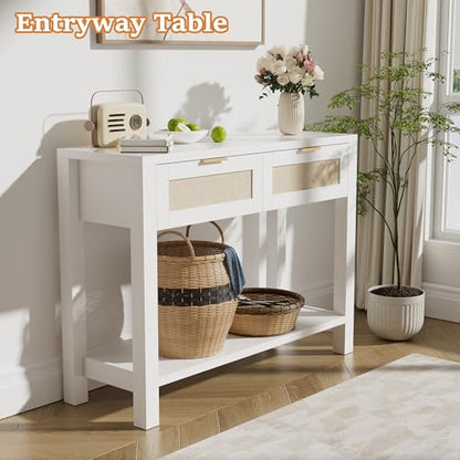 Boho Chic Console Table with 2 Rattan Drawers and Open Shelf Storage, Narrow Farmhouse Sofa Table for Small Space, Entryway, Hallway, Living Room,White - color: White