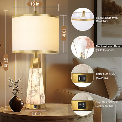 KIVDITZO 27" Alabaster Table Lamps Set of 2 for Bedroom with Night Light | Bedside Lamps with White Linen Shade, Nightstand Table Lamp with USB A+C Port, for Living Room Office (Bulbs Included) - color: Gold