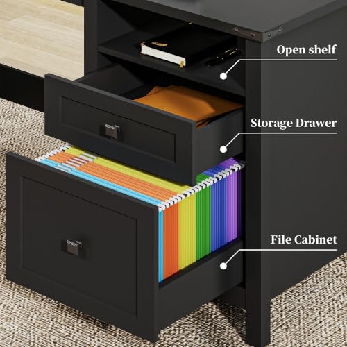 Farmhouse Executive Desk with Charging Station, 45″ Home Office Computer Desk with Drawer & Open Shelf, Writing Desk for Small Space,Black - color: Black