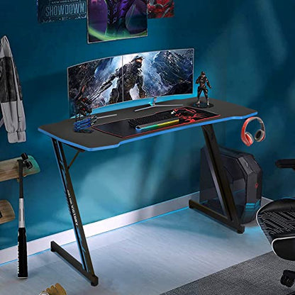 Dkelincs 47 inch Gaming Desk Z-Shaped Computer Desk PC Computer Table Home Office Desk Ergonomic Gamer Workstation with Headphone Hook, Blue - color: Blue, size: 47 Inch