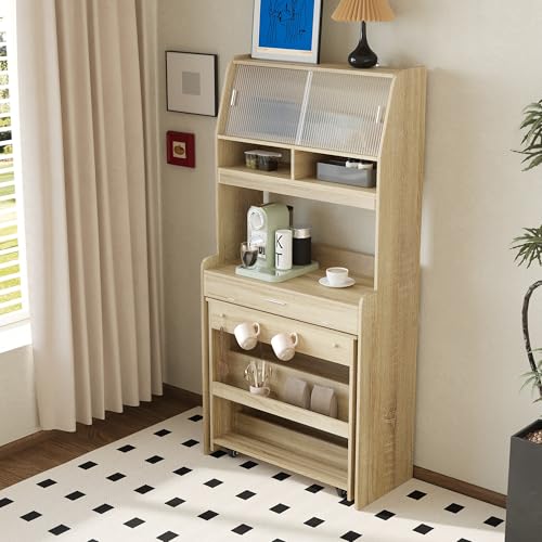 RuiSiSi Space Saving Folding Dining Table for 2-4, Farmhouse Buffet with Hutch and Storage Shelves, Multifunctional Cupboard with Side Hooks for Small Space, Studio, Apartment, Natural - color: Natural