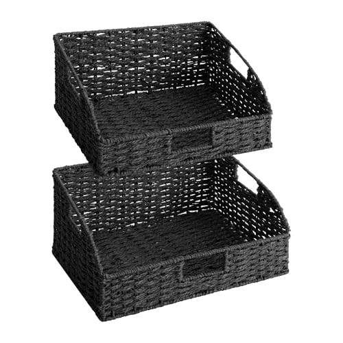 StorageWorks Pantry Baskets, Black Wicker Baskets with Handles, 2-Pack | Paper Rope Black Baskets for Organizing, Black Woven Baskets, Pantry Baskets for Shelves, Wicker Storage Baskets for Shelves - color: Black(Paper Rope), size: 15¾"L x 11"W x 7½"H + 1