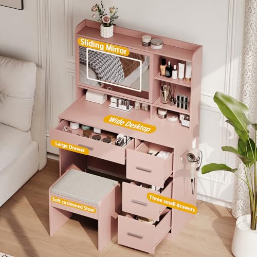 Viaozutis Vanity Desk with a Mirror and Lights，with Chair and Four Drawers, Three Adjustable Lighting Modes，with Power Outlet and Sliding LED Mirror,Bedroom Vanity Desk (Pink) - style: Pink