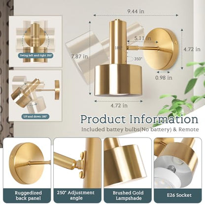 KELUOLY Battery Operated Wall Lights Set of 2, Wireless Battery Powered Wall Sconce, Modern Metal Indoor Wall Lamp, Dimmable with Remote, Suitable for Living Room Bedroom Golden-Like Brass Finish - color: Gold
