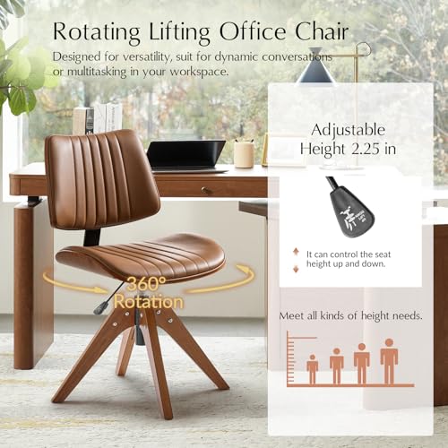 HULALA HOME Faux Leather Home Office Desk Chair No Wheels, Camel | Mid-Century Modern Desk Chair with Wood Legs, 360° Swivel Computer Task Chair with Channel-Tufted Backrest, Height Adjustable - color: Camel