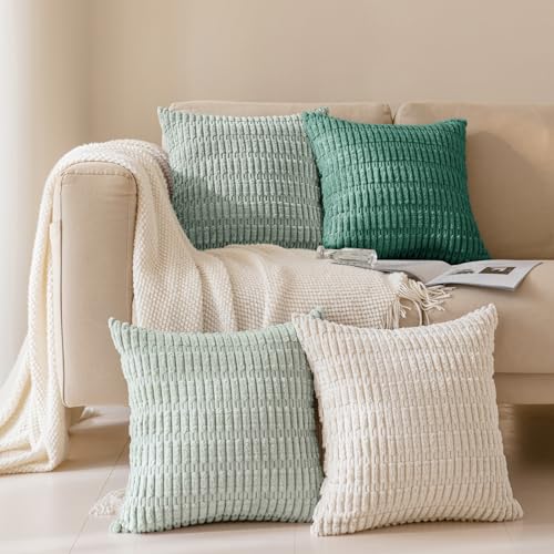 Pack of 4 Corduroy Decorative Throw Pillow Covers 16x16 Inch, Beige/Green | Soft Striped Farmhouse Boho Modern Home Decor Throw Pillow Covers for Couch Sofa Bedroom Living Room - color: Beige/Green, size: 16" x 16" (Pack of 4)