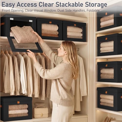 DIMJ Storage Bins with Lids - 6 Pack Front Opening Stackable Fabric Storage Boxes with Clear Window & Handles, Collapsible Closet Organizers for Clothes, Sweaters, Shelf Storage, Bedroom, Black - color: Black, size: Large-6 Pack