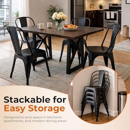 Metal Dining Chairs Set of 4,Midnight Black | Industrial Stackable Kitchen Cafe Bistro Patio Indoor-Outdoor Use - color: Midnight Black