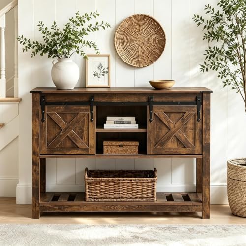 Farmhouse Entryway Table with Sliding Barn Doors, Wood Console Table with Storage Shelf, Rustic Sofa Table for Living Room, Entryway, Foyer, Brown - color: Brown