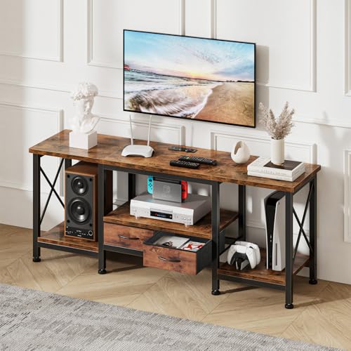 DUMOS 55" TV Stand with Fabric Drawers for 55 60 65 Inches TV | Entertainment Center and Industrial TV Console Table with Open Storage Shelves for Living Room, Bedroom, Rustic Brown - size: 55 Inch