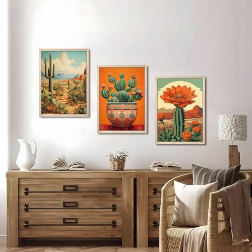 Wood Framed Mexican Cactus Wall Art Set of 3, Vintage Desert Botanical Canvas Prints, Boho Southwestern Floral Painting Pictures, Rustic Living Room Bedroom Bathroom Home Wall Decor 12x16 inch - color: Cactus, size: 16"L x 12"W