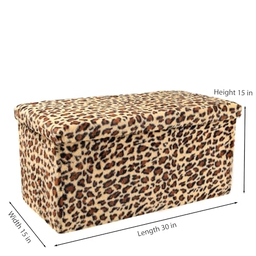 Luxe Faux Fur Storage Ottoman, Leopard, 30 x 15 x 15 in | Engineered Wood, Tool-Free Assembly, Modern Style, Seat And Footrest - color: Leopard, size: 30"D x 15"W x 15"H