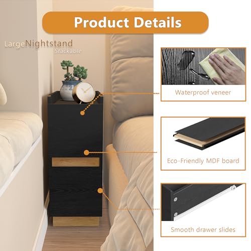 Narrow Night Stands, Modern Slim Nightstand Set of 2, Wooden Skinny Bedside Table 2 Drawers, Stackable Narrow Side Table with Drawers for Small Spaces, Bedroom, Living Room, Black - color: Black (2pcs)