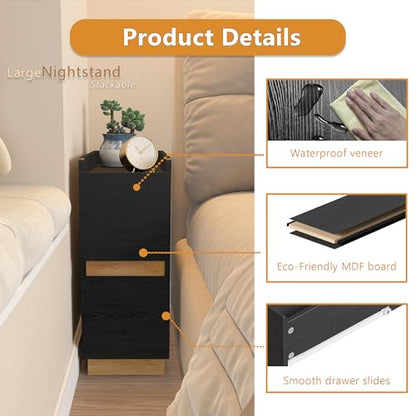 Narrow Night Stands, Modern Slim Nightstand Set of 2, Wooden Skinny Bedside Table 2 Drawers, Stackable Narrow Side Table with Drawers for Small Spaces, Bedroom, Living Room, Black - color: Black (2pcs)