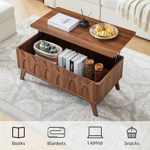 Bifins Coffee Table, Lift Top Coffee Table with Hidden Compartment | Mid Century Modern Coffee Table with Storage, Rectangular Center Table with Lift Tabletop for Living Room - color: Walunt