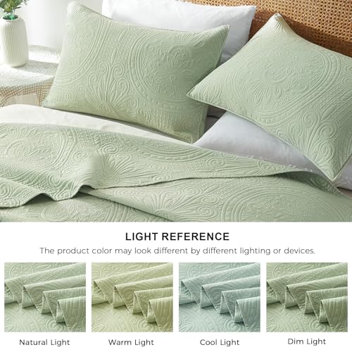 WURUIBO Twin Quilt Set Sage Green,Ultrasonic Embossed Bedspread, Lightweight Microfiber Coverlet, Modern Thin Bedding Set for All Season, 2 Piece(1 Quilt,1 Pillow Shams) - color: Sage Green, size: Twin(68"x88")