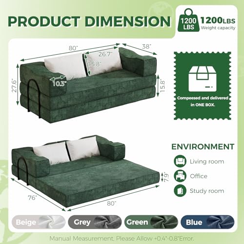 80" King Size Convertible Folding Sofa Bed, Loveseat for Small Spaces | Futon Couch with Memory Foam & 2 Pillows, Chenille Fabric, Apartment, Sleeper Sofa for Living Room, Studio (Green, 80in)