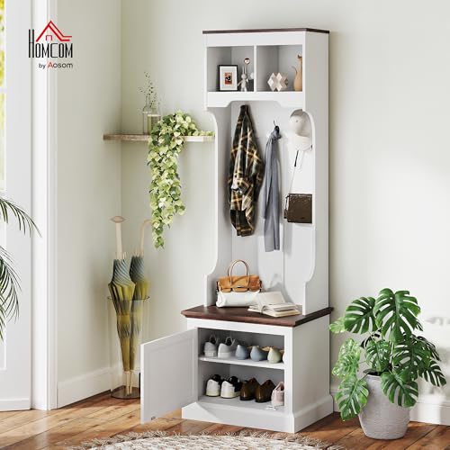 HOMCOM 3-in-1 Hall Tree with Shoe Storage, Shoe Bench, White Wood Grain | Standing Coat Rack, Entryway Furniture, Three Hooks - color: White Wood Grain