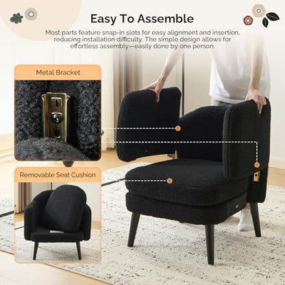 VINGLI 30.3" Wide Modern Barrel Accent Armchairs Set of 2 with Track Armrest, Solid Wooden Legs, Comfy Upholstered Club Chairs, Single Home Sofa for Living Room, Bedroom, Reading,Teddy Fleece Black - color: Black