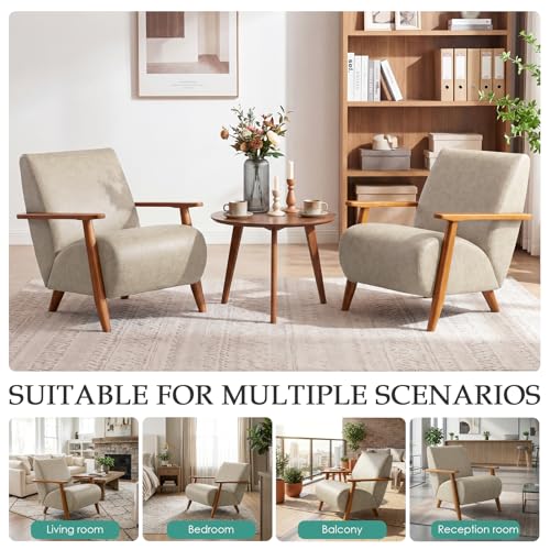 Home Accent Chair Mid Century Modern Accent Chair with Wood Frame, Faux Leather Upholstered Armchair, Reading Chair, for Living Room, Bedroom,Office,Comfy Guest Waiting Room Chairs Beige - color: Beige, size: Faux Leather