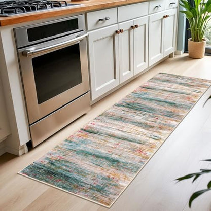 KOZYFLY Modern Abstract Kitchen Runner Rug, 2x6 Washable Rug Runner Non-Slip Soft Hallway Runner Rugs, Green Print Carpet Runner for Entryway Bathroom Laundry Room Foyer - color: Green/Turquoise, size: 2' x 6' (Runner)