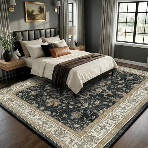 RELEANY Washable Vacuum-Friendly Area Rugs 8'x10' Black/Vintage | Low Pile Stain-Resistant, Soft Non-Slip, Floral Vintage Distress Print Pattern Medallion, for Living Room Bedroom Hallway - color: Black/Vintage, size: 8' x 10' (Rectangular)