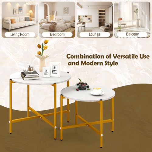 GOFLAME Nesting Coffee Table Set of 2, Round Coffee Tables with Wood Tabletop & Heavy-Duty Metal Frame, Modern Circle End Table & Side Tables, Nesting Tables for Living Room, Bedroom (White) - color: White