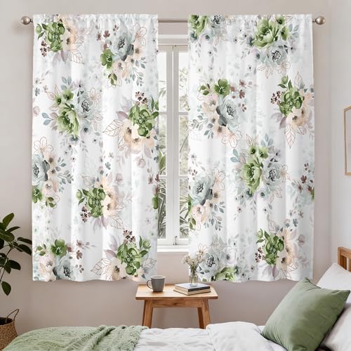 Floral Curtains 63 Inches Long for Living Room 2 Panels,Green Flower Vintage Farmhouse Curtains Semi Sheer Light Filtering Pink Curtain for Bedroom,Rod Pocket Drapes Boho Curtain Room Decor - color: Green Floral, size: 42"W x 63"L (Pack of 2)