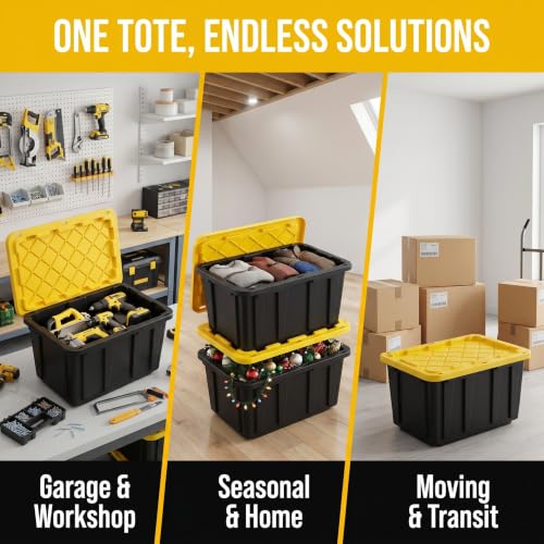 4 Pack 17 Gallon Stackable Storage Bins with Lockable Lids, Black & Yellow | Heavy-duty plastic, stackable & nestable, lock-compatible lid, garage/home/office/moving use, 26.3"x17.8"x12.3" each
