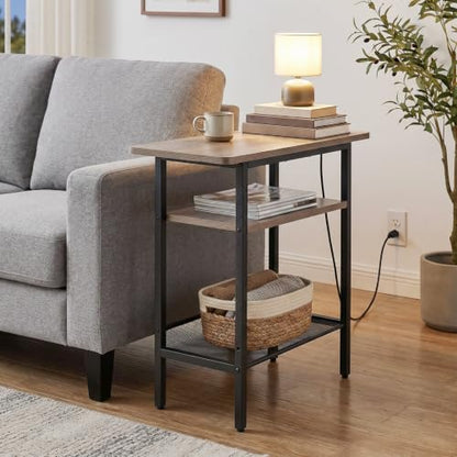 HOOBRO Side Table, Narrow End Table with Shelf, Charging Station, Wide Storage Tabletop, 3-Tier Bedside Tables for for Small Spaces, Living Room, Bedroom, Greige and Black BG366UBZ01 - color: Greige + Black