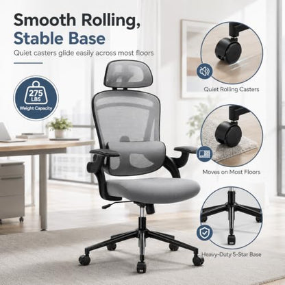Ergonomic Office Chair, Home Office Desk Chairs with Adjustable Lumbar Support and Headrest, High Back Mesh Computer Desk Chair with 3D Flip-up Armrests & 360° Swivel Wheels, 275 LBS - color: Grey With Lumbar Support