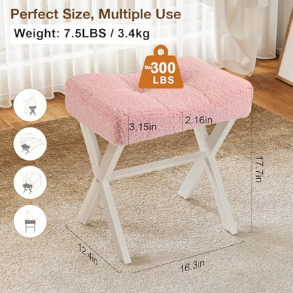 18-Inch Vanity Stool Chair, Pink Padded Saddle Makeup Stool | Teddy Flannel Vanity Bench, Metal X-Leg, 300 LBS, 16.3"x12.4"x18", Ottoman Accent Stool, Breathable Soft Saddle Seat - size: Small, style: Pink Fabric