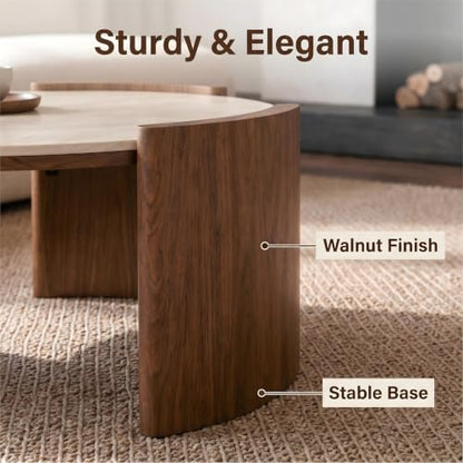 KEIKI 31.5" Round Sintered Stone Coffee Table, Glossy Travertine Look Center Table with Thick Slab Legs, Modern Circular Cocktail Table for Living Room, Apartment, Walnut Yellow - color: Walnut Yellow